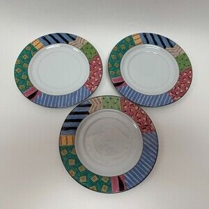 Farberware by Retroneu AKU 202 Saucer Plates White Multi-color Geometric Border‎